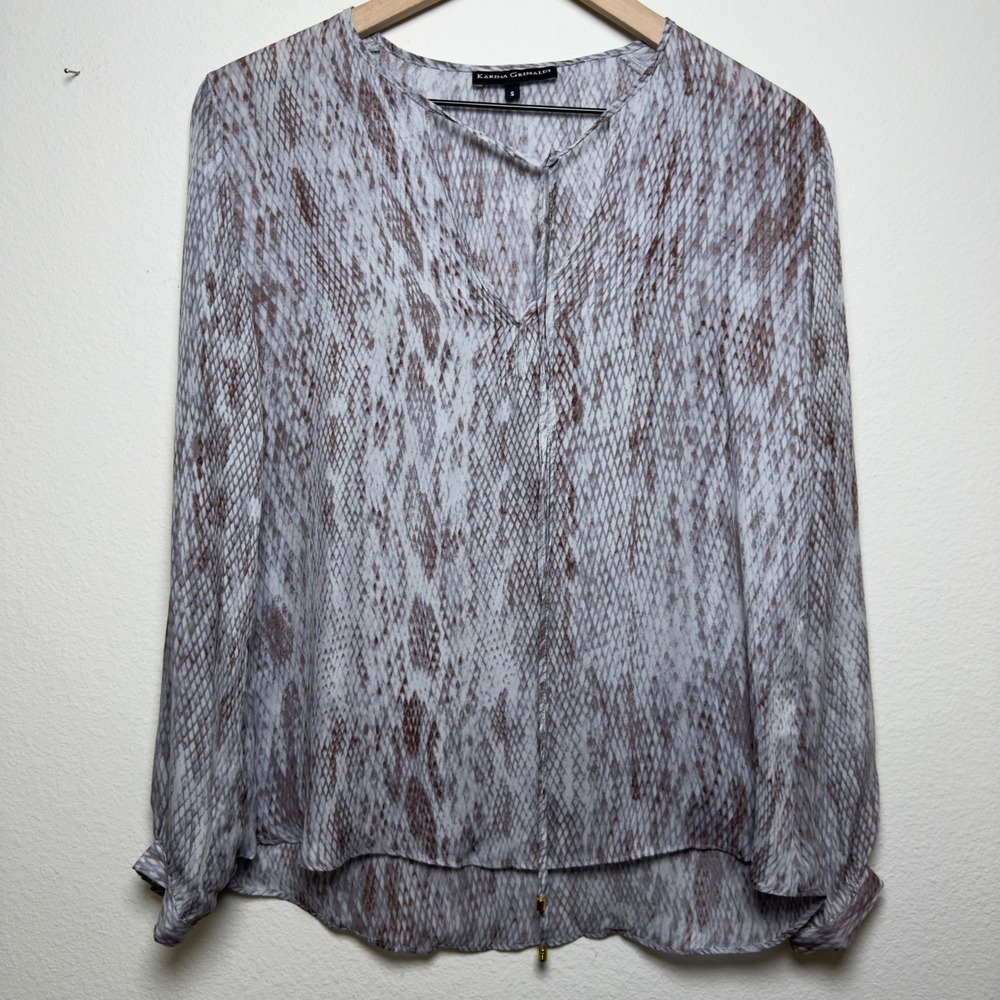 Karina Grimaldi Women 100% SILK Snakeskin Print V-Neck Blouse‎ Gray Brown Small